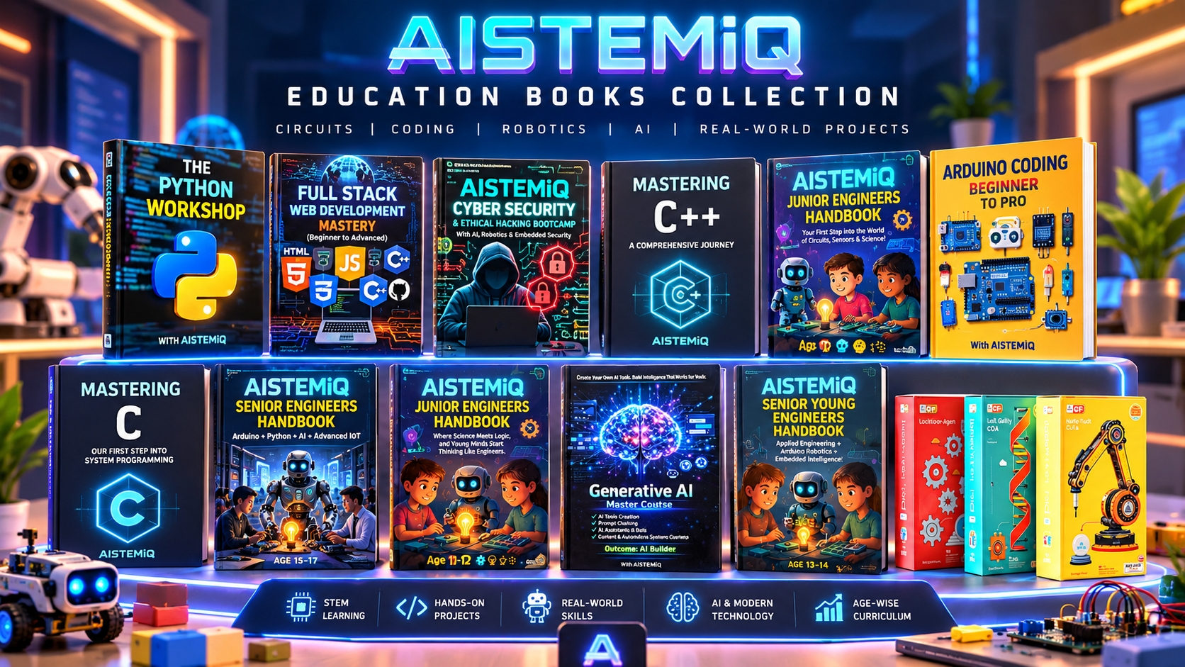 AISTEMiQ education book collection featuring coding, robotics, cybersecurity, AI and age-based engineering handbooks